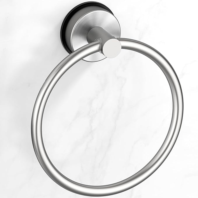 BKV Suction Cup Towel Ring,Hand Towel Holder for Bathroom,Stainless Steel Heavy Duty Round Towel Hanger for Bath,Kitchen-Brushed Nickel Silver