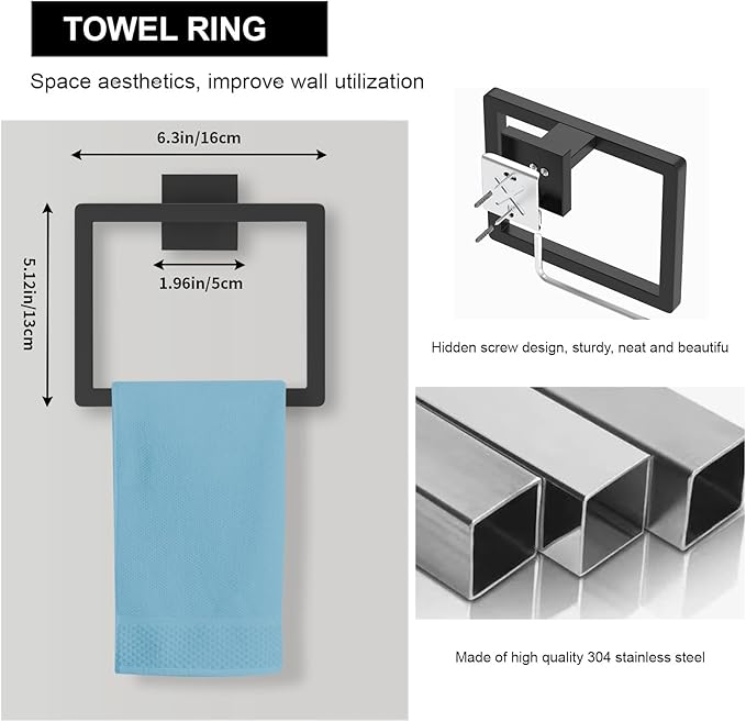 15-Pieces Matte Black Bathroom Accessories Set, 16 Inch Bath Towel Bar Set, SUS 304 Stainless Steel Bathroom Hardware Set, Towel Racks for Bathroom Wall Mounted