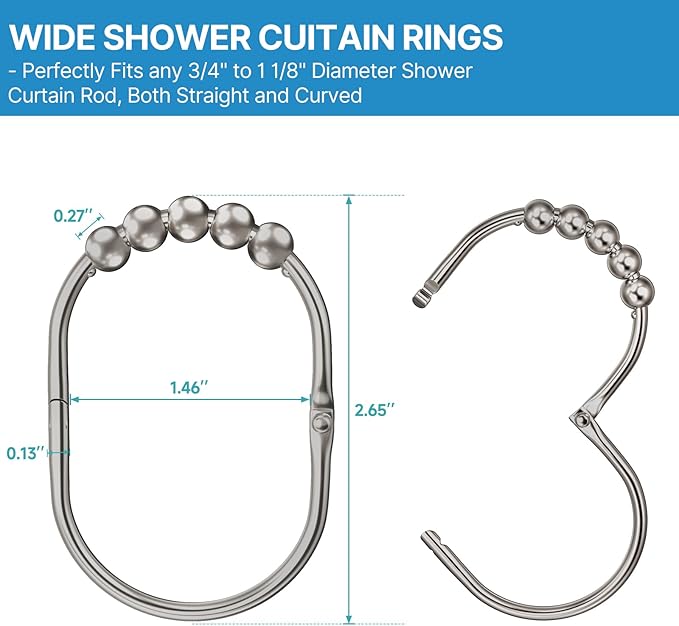 12PCS Wide Shower Curtain Hooks, Rust Proof Stainless Steel Shower Curtain Rings, Heavy Duty Shower Hooks for Bathroom Shower Rods Curtains, Easy Glide Rollers, Set of 12, Matte Nickel