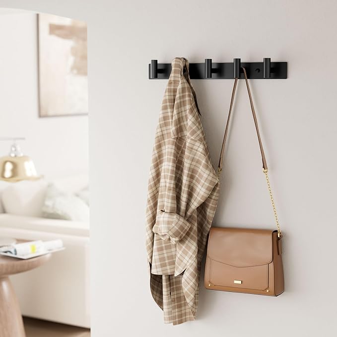 Black Wall Mounted Coat Rack – 5 T-Shaped Pegs for Hats, Bags & Towels, Heavy-Duty Metal Rail for Entryway, Bathroom, Closet, Bedroom (2 Pack)