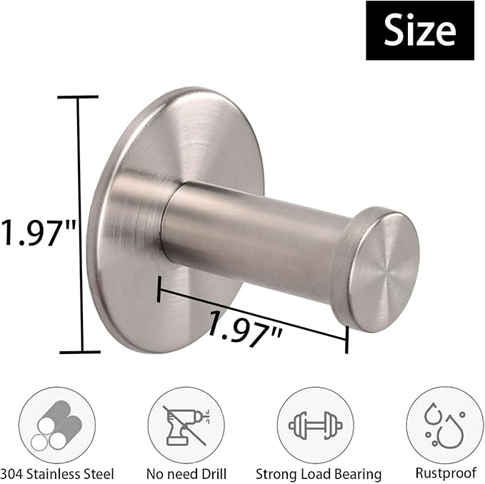 Bath Towel Hooks, 6 Pack Self Adhesive Coat Hooks, Sturdy No Drilling Robe Hook, SUS 304 Stainless Steel Heavy Duty, Wall Hooks for Bathroom Bedroom Kitchen (2 in, Brushed)