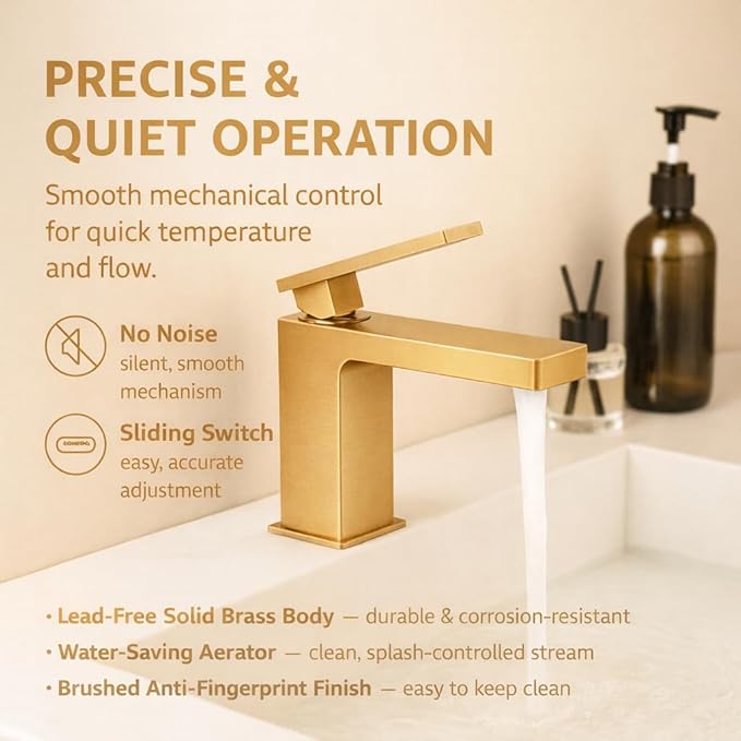 Single Hole Bathroom Faucet， Brushed Gold Brass Faucet for Bathroom Sink, CUPC Hose, Pop-Up Drain & Anti-Splash Bubbler， Easy-Install for Farmhouse, RV & Vanity