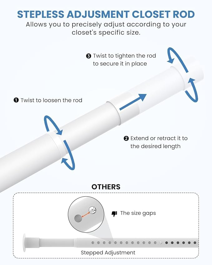 2 PACK Closet Rods for Hanging Clothes, 17 to 69 Inches Stepless Adjustable Metal Closet Rod, 1.3 Inches Heavy Duty Clothes Hanging Rod for Closet Wardrobes Laundry RV, White