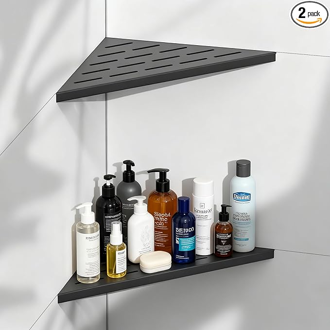 Corner Shower Shelves 10" Matte Black, 2 Pack 304 Stainless Steel Shower Corner Shelf Recessed Slot Design, Wall Mount Triangle Shower Caddy for Bathroom, Kitchen Organization