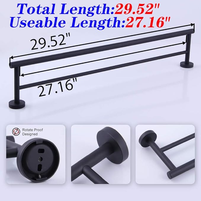GERZWY 30-Inch Bathroom Double Towel Bar SUS 304 Stainless Steel Bath Towel Bar Matte Black Modern Style Wall Mount AG1102C75-BK