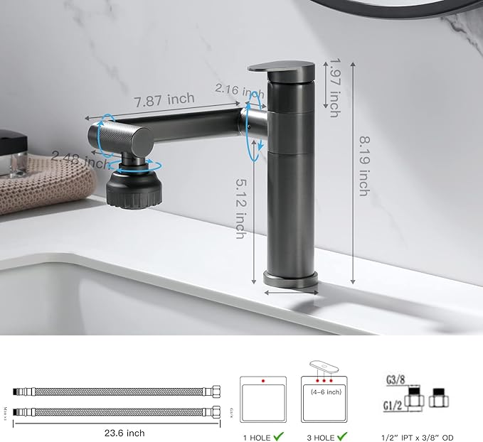 1080 Degree Swivel Bathroom Faucet Gun Grey Lavatory Basin Sink Faucet 1 Handle Big Angle Spray Aerator Spout Extender Universal 360° Rotating Arm Splash Filter 2 Water Outlet Modes