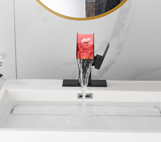 Bathroom Sink Led Faucet Waterfall Spout Black RGB 3 Colors Changing Temperature Lavatory Vanity Sink Faucet One Hole Handle Modern Washbasin Tap with Lights Deck Mount Commercial
