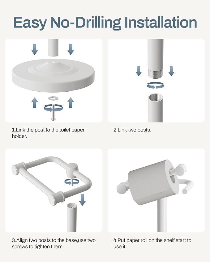 Freestanding Toilet Paper Holder, Double Post Pivoting 22" Height Toilet Roll Holder Floorstanding Base Weighted, Stainless Steel Toilet Paper Holder Stand (White)