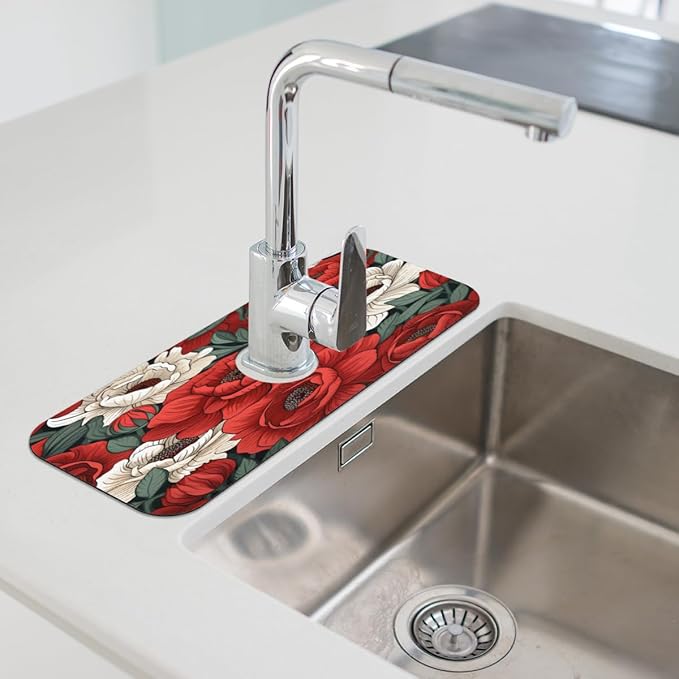 Red And White Roses Kitchen Faucet Mat Splash Guard, 15.4”x5.7” Absorbent Quick Drying Sink Mat for Countertop Protection, Draining Mat Sink Protectors For Kitchen Bathroom, 2 Pack