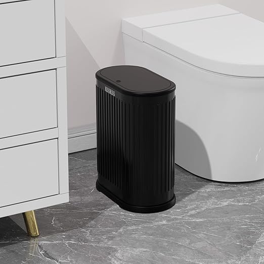 1.8 Gallons Small Stainless Steel Trash Can with Press Type Lid, Slim Bathroom Garbage Bin, Removable Liner Bucket, Dog Proof Narrow Wastebasket with Pop-Up Lid for Bedroom,Toilet (Matt Black)