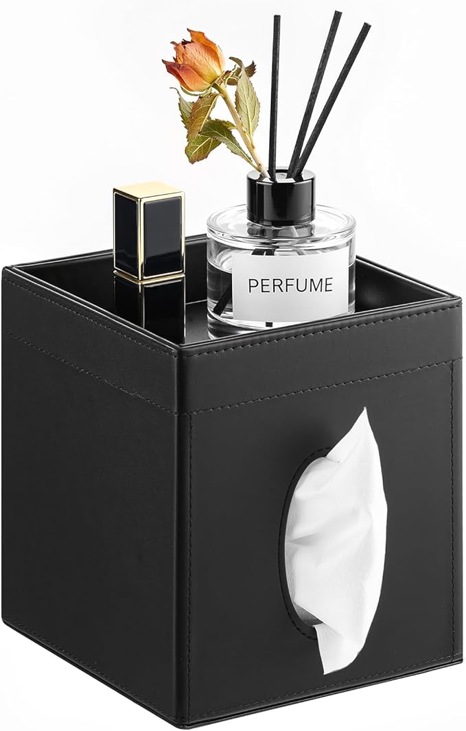 Luxspire Square Tissue Box Cover, PU Leather Square Tissue Box Cover with Storage Tray, Tissue Box Holder, Tissues Cube Boxes Cover for Living Room, Bedroom Countertop Cars Hotels, Black