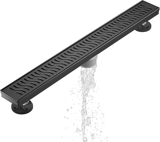 Sharp-tec Linear Shower Drain, 36 inch Shower Drain with Removable Pattern Cover, Matte Black 304 Stainless Steel Rectangle Floor Drain, Adjustable Feet and Hair Strainer Included