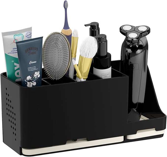 JUMEIHUI Bathroom Countertop Organizer with Water Absorbent Diatomite,8 Slots Bathroom Toothbrush Holder with Adjustable Dividers,Bathroom Sink Organizer Countertop (Black)