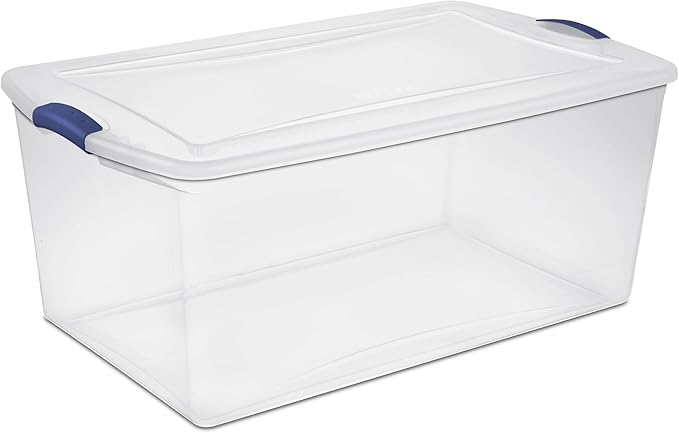 (2-PACK) 105 QT Plastic Transparent Storage Box, Equipped with a Blue Lock Mechanism, Stackable, Suitable for Household Items, Seasonal Clothing, Holiday Decorations and Garage Organization.