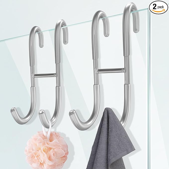 Shower Door Hooks for Towels & Squeegee - No Drill Bathroom Hooks for Frameless Glass Door, Shiny Silver Stainless Steel with Anti-Slip Rubber (2 Pack)