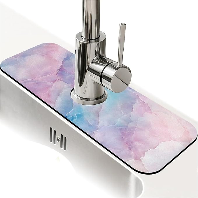 Kitchen Sink Splash Guard，Soft pastel colored marble Faucet Mat Sink Gadgets-Super Absorbent Fast Drying Mat Drip Catcher for Kitchen, Bathroom,Sink Mat, Dish Drying Mat, Bathroom(15" X 5.5" )