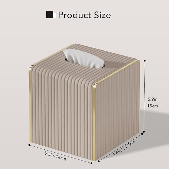 Tissue Box Cover,Beige Cube Leather Tissue Box Holders with Gold-Tone Edging Accents,Decorative Tissue Covers for Bathroom Toilet Bedroom Living Room Table Desk Office Car,Decor Aesthetic