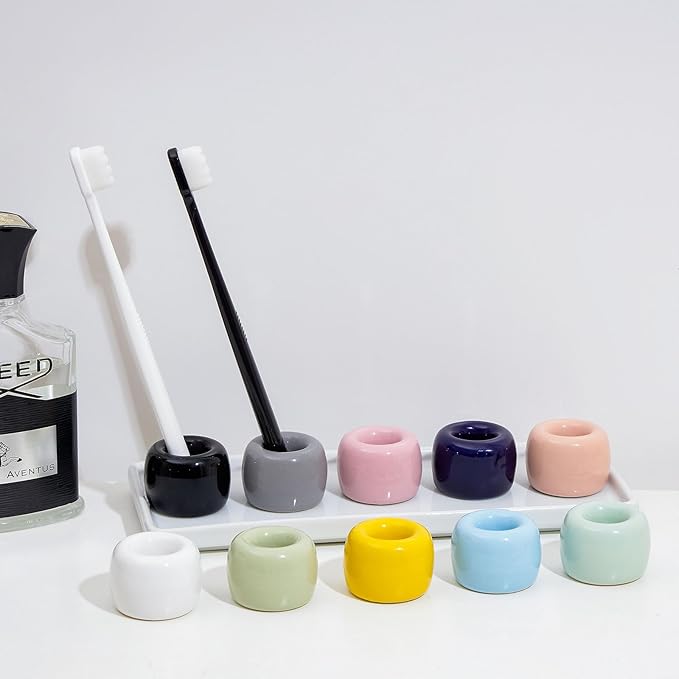 AirMoon Mini Ceramic Toothbrush Holder for Bathroom - Black Small Countertop Organizer, Easy Clean Toothbrush Stand, Suit for Electric Toothbrush Head, Pens & Coffee Spoon, Pack of 2