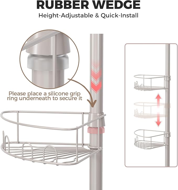 Corner Shower Caddy Tension Pole, 4 Tier Adjustable Bathroom Organizer Shelves, Shower Storage With Hidden Hook & Towel Holder,63.7-119 Inch No-Drill Quick Installation Shower Rack,Sliver