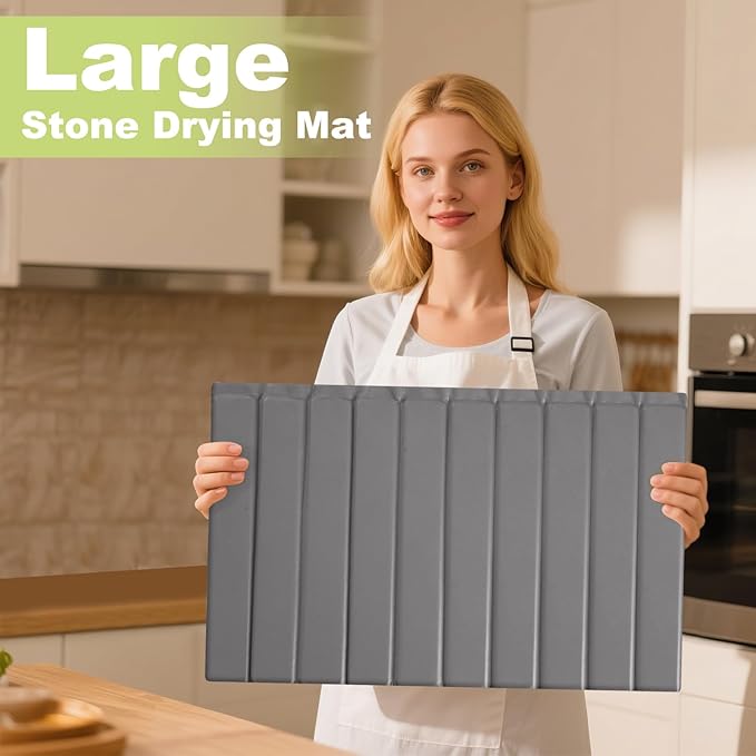 Large Stone Drying Mat for Kitchen Counter, Ultra Absorbent Diatomaceous Earth Mat with PU Leather Cover Fast Drying Collapsible, Dish Mats for Dishes Buttles Cups Countertop Gray 23.6"x15.3"
