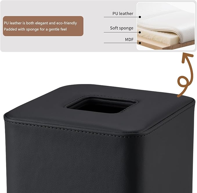 GORESE Leather Tissue Box Cover Square Tissue Box Holder for Kleenexs, Tissue Cover for Cube Box Tissues, Kleenexs Box Holder for Bedroom, Living Room, Bathroom, Black