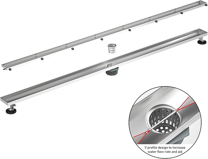 Linear Shower Drain 60" Brushed 304 Stainless Steel | Fast Drainage | Tile Inserted | Stainless Floor Drain Grate | Hair Strainer | Drain Key | The Upgrade for Your Bathroom