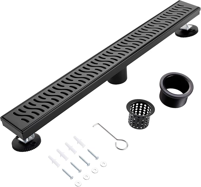 24 Inch Linear Shower Drain, Matte Black Shower Drain,Removable Grate, 304 Stainless Steel, Easy to Install and Clean for Bathrooms (Drain Base Not Included), LSD-51A-24B
