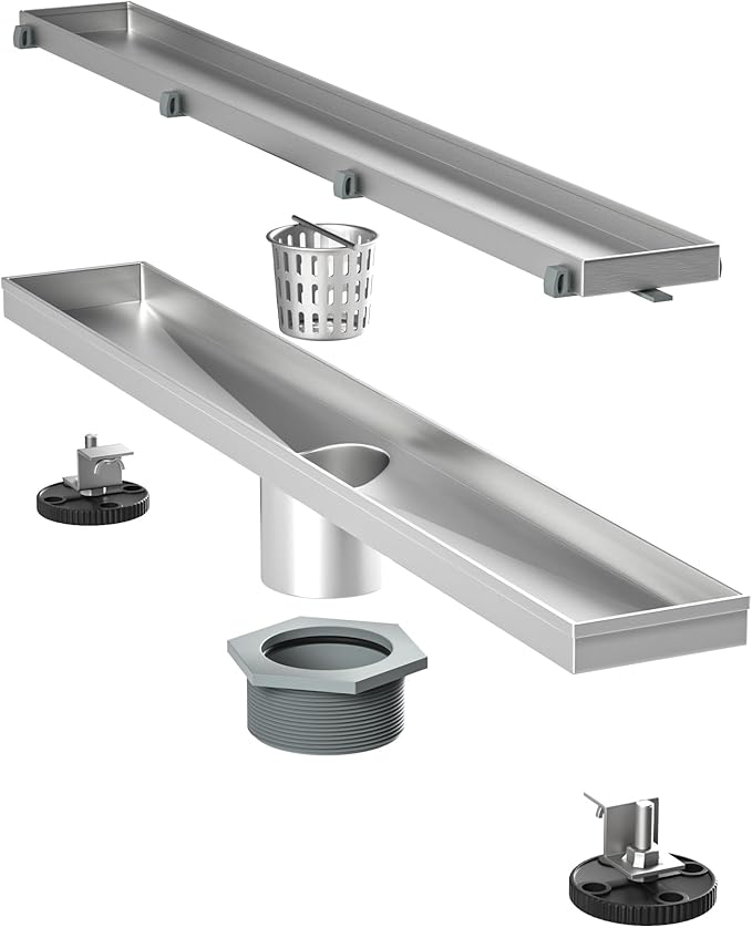 Linear Shower Drain 40" Brushed 304 Stainless Steel | Fast Drainage | Tile Inserted | Stainless Floor Drain Grate | Hair Strainer | Drain Key | The Upgrade for Your Bathroom