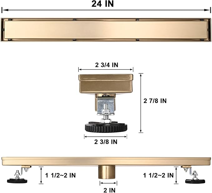 Linear Shower Floor Drain, Brushed Gold 60 Inch 304 Stainless Steel Bathroom Drains Kit, Rectangular Shower Trench Drain with Reversable Tile-in Pattern Drain Cover & Hair Catcher