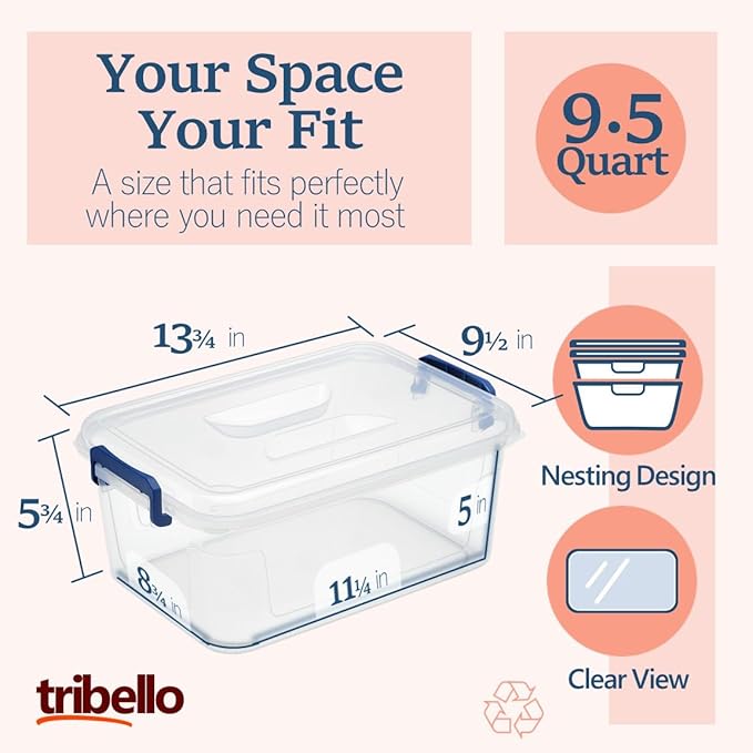 Tribello Clear Storage Bins with Lids, 12-Pack Stackable Plastic Storage Containers for Home Organization – Clear Totes for Closet and Underbed Storage, 9.5