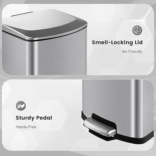 ELPHECO Bathroom Trash Can with Lid 4 Gallon / 15.1 Liter Stainless Steel Garbage Bin with Pedal Silver Trash Can with Removable Inner Bucket for Kitchen, Silver