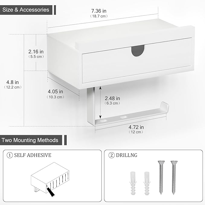 Domax Compact 7.36" Bamboo Toilet Paper Holder with Shelf and Storage Drawer - Wall Mount or Adhesive Bathroom Organizer for Tampons, Small Items, Space-Saving Design, White