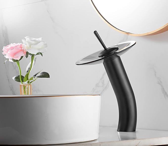 Waterfall Vessel Faucet, Black, 1 Hole, Lead-Free Solid Brass, Temperature and Flow Control with One Lever Handle