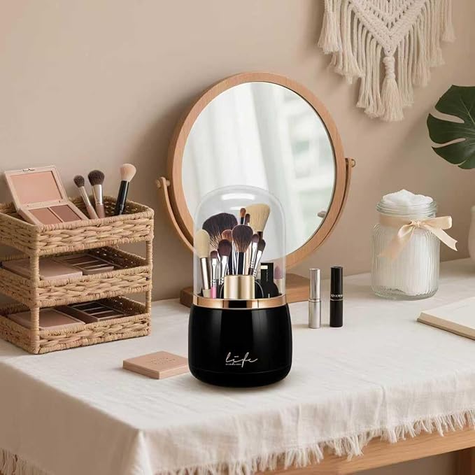 Toothbrush Holders with Cover, Dustproof 360 Rotating 7 Slots Toothpaste Holder for Bathroom Organizer Countertop, Makeup Brushes Organizer, Bathroom Accessories (Black)