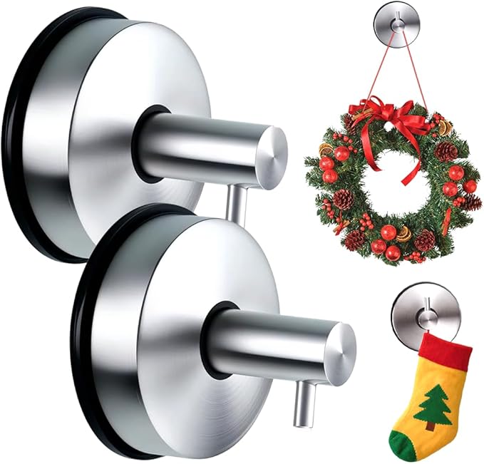 Suction Cup Hooks for Door Wreaths on Glass Suction Cup Hooks for Shower,2025 No Drill Hook Hanging Towels for Window Door Bathroom Mirrors Christmas,Wreath Hanger Holder for Daily Use (Silver-2pc)