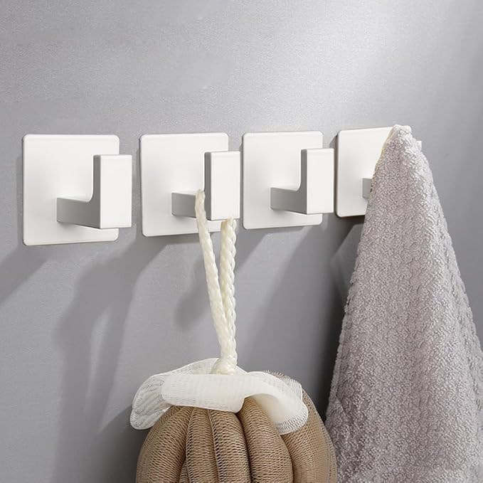 Bath Towel Hooks, 4 Pack Self Adhesive Square Coat Hooks, Sturdy No Drilling Robe Hook, Heavy Duty Aluminum Clothes Hanger, Wall Hooks for Bathroom Bedroom Kitchen (2 in, White)