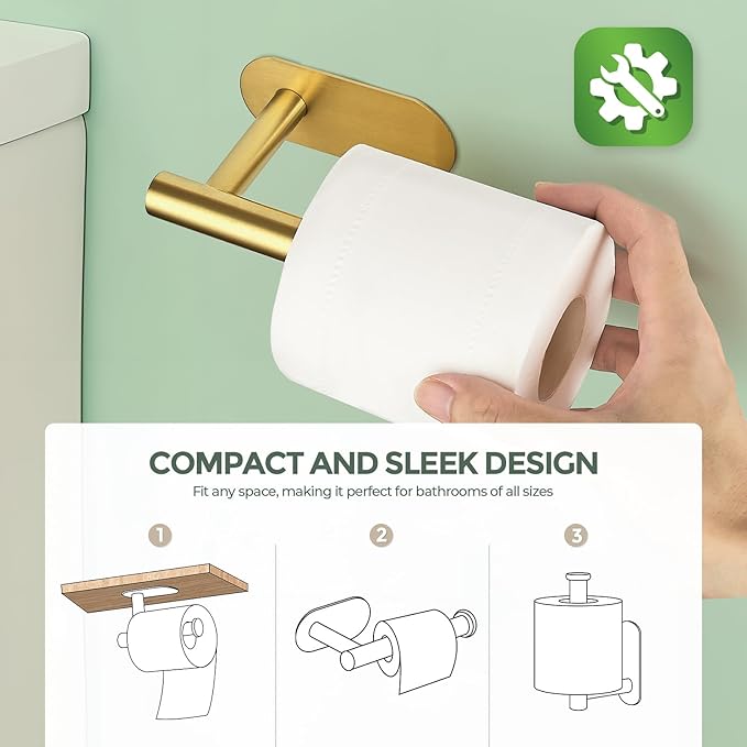 2 Pack Adhesive Toilet Roll Holder Stand - Gold SUS304 Stainless Steel, Rustproof Toilet Paper Holder No Drilling Tissue Holder for Kitchen Bathroom Wall Mount Bathroom Tissue Holder