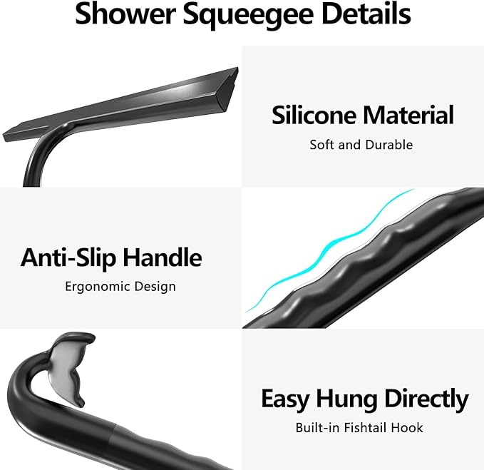 Shower Squeegee for Glass Doors, 2-in-1 Silicone Shower Squeegee with Hook,Hang Anywhere | Streak-Free Bathroom Squeegee | Household Window Mirror Squeegee for Bathroom, Glass, Tile Wall, Car(Black)