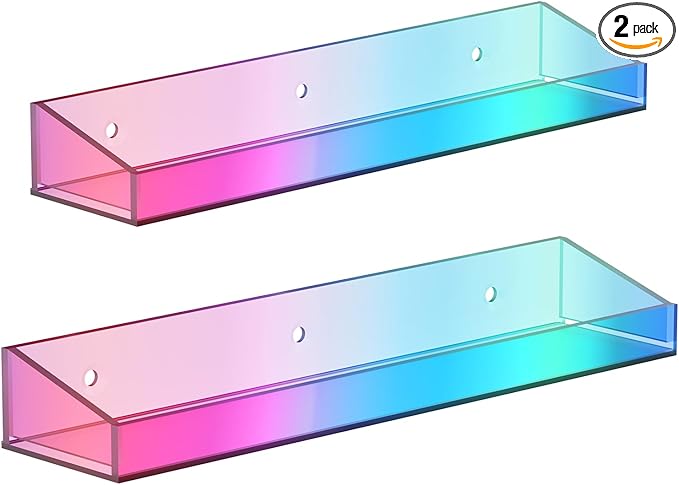 2 Pack Acrylic Shelves for Wall Storage, 15" Floating Shelves, Kids Bookshelf, Nail Polish Holder, Perfume Display Shelf Organizer for Bathroom, Bedroom, Living Room, Iridescent