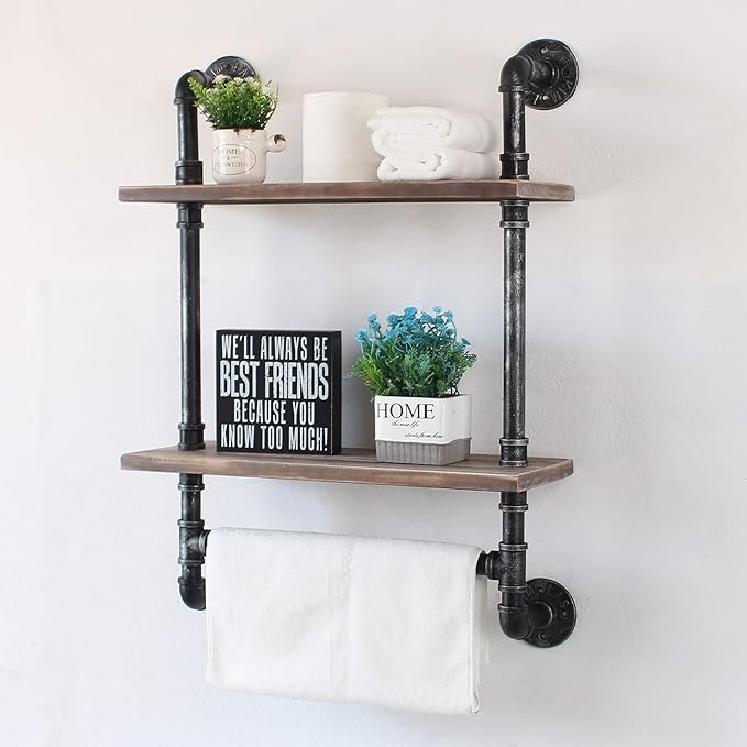 MBQQ Shelving Bathroom Pipe Shelves with Towel Bar Over Toilet, 24 inch Pine Wood Floating Shelves for Wall Mounted Bedroom,Kitchen, Farmhouse, Living Room