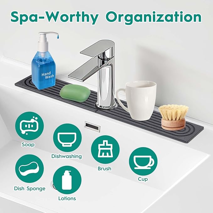 16 Inch Stone Faucet Mat for Kitchen Sink,Kitchen Sink Splash Guard-Water Absorbing Stone Tray for Sink,Super Absorbent, Diatomite Protector with Drainage for Kitchen Bathroom Counter(Dark Grey）