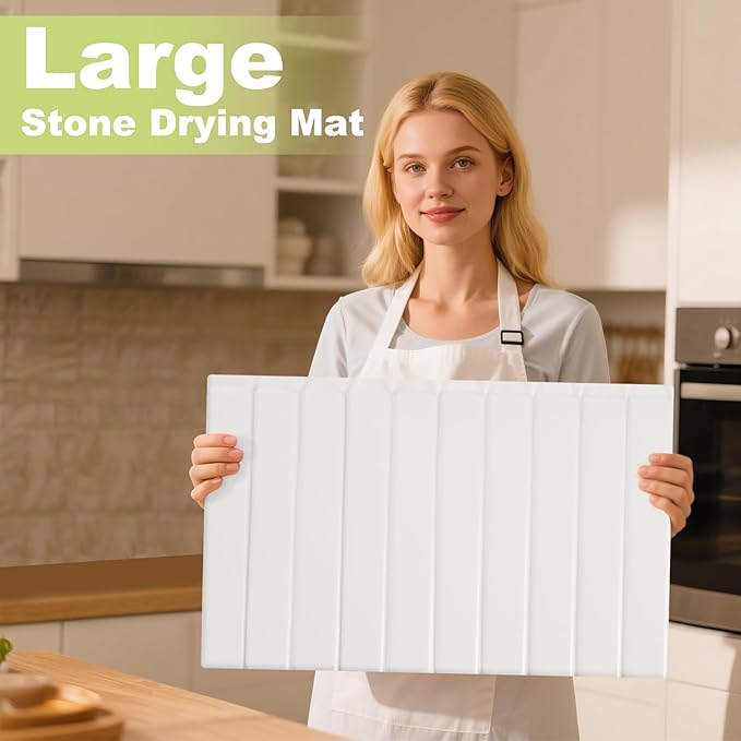 Large Stone Drying Mat for Kitchen Counter, Ultra Absorbent Diatomaceous Earth Mat with PU Leather Cover Stain-resistant Quick Dry/Foldable, Collapsible Dish Mats for Dishes Cups 23.6"x15.3"