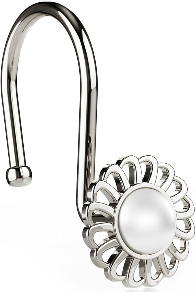 Nickel Shower Curtain Hooks Rings, Decorative Shower Curtain Hangers, Heavy Duty Metal Shower Rings, Sunflower Shower Hooks for Shower Curtain Rod and Liner, Bathroom Curtain Hooks, Set of 12