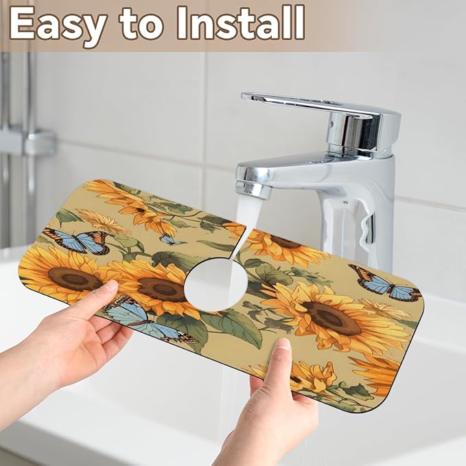 Sunflower Butterfly Pattern Kitchen Faucet Mat Splash Guard, 15.4”x5.7” Absorbent Quick Drying Sink Mat for Countertop Protection, Draining Mat Sink Protectors For Kitchen Bathroom, 2 Pack