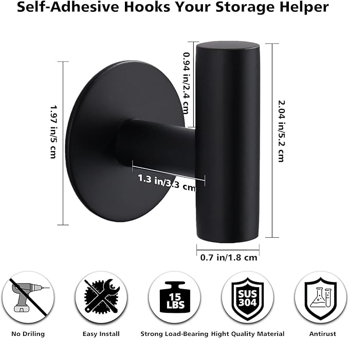 Adhesive Towel Hooks, Heavy Duty Wall Hooks Stainless Steel Waterproof Shower Towel Hooks, Coat Hook for Hanging Clothes, Adhesive Hooks for Bathroom, Glass Window- 4 Pack, Black