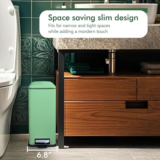 Bathroom Trash Can, 2.6 Gallon Small Trash Can with Lid and Step Pedal, Stainless Steel Wastebasket with Slim Design, Mini Garbage Can for Bathroom, Toilet, Office, Bedroom, Green