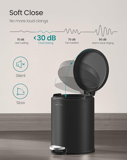 SONGMICS Bathroom Trash Can, 1.6 Gallon (6 L) Small Toilet Garbage Bin with Lid, Soft-Close, Stainless Steel, Pedal, Inner Bucket, Bedroom, Ink Black ULTB016BZ01