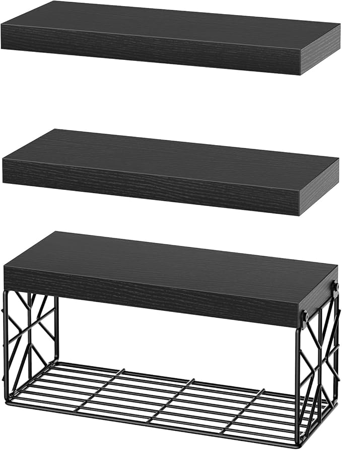 Bathroom Shelves Over Toilet Set of 3, Floating Shelves for Wall Toilet Paper Storage, 1.5" Thick Hanging Shelf, Farmhouse Wall Decor for Bathroom, Living Room, Office, Kitchen, Black 4001BJBB