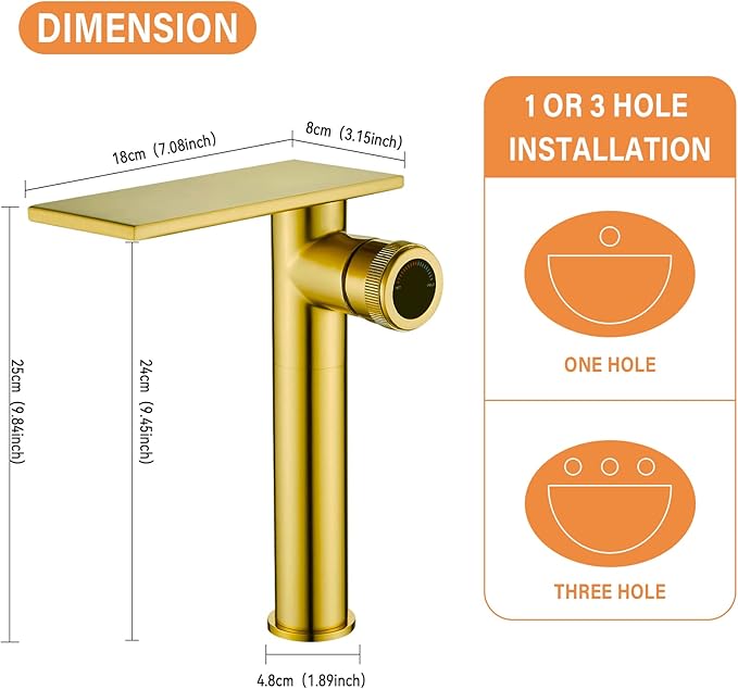 Becola Modern Brushed Gold Tall Waterfall Basin Mixer Tap with Adjustable Knobs and Two Supply Lines