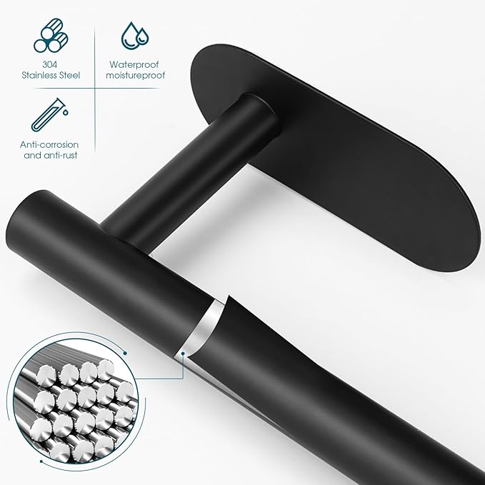 Self Adhesive Toilet Paper Holder, Matte Black Toilet Paper Holder Rustproof 304 Stainless Steel for Bathroom, Kitchen and Washroom, 3M Wall Mount DG-TPA21